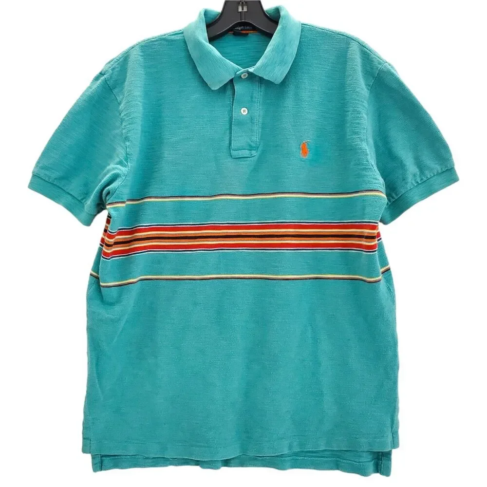 Ralph Lauren POLO Shirt Mens Medium Teal Multicolor Striped Casual Preppy Travel